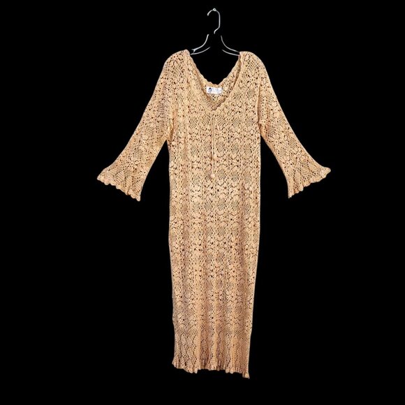 70s Hand Crochet Neutral Beige Maxi Floral Bell Sleeve Boho Volup XL–5X NWOT - Picture 1 of 12